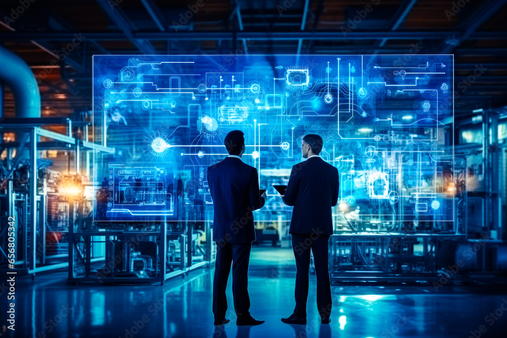 Business men working on factory digitization of industry, future in technical digitization Business men working on factory digitization of industry, future in technical digitization