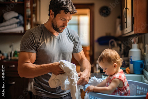Lovely shot of father and baby daughter doing house chores together, happy fatherhood, candid moment of father and daughter love