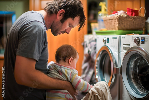 Lovely shot of father and baby daughter doing house chores together, happy fatherhood, candid moment of father and daughter love