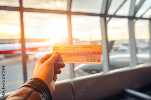 Close up of passenger holding up plane ticket with the airport in the background, concept of travel by air photo