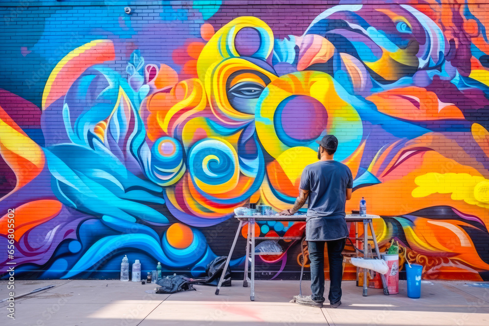 Naklejka premium Street artist engaged in painting a vibrant colorful graffiti on street, beautiful artistic painting for nicer neighborhood wall