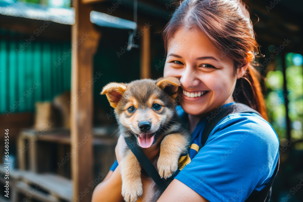 Young woman volunteering at an animal shelter, petting a cute dog puppy