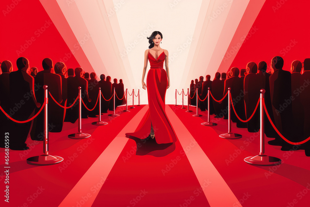 Illustration of beautiful attractive woman waking down the red carpet in gorgeous red dress with photographers surrounding her and taking pictures - obrazy, fototapety, plakaty 