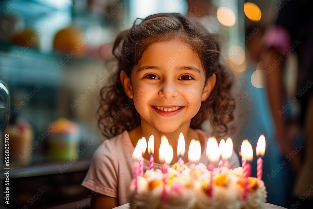 Beautiful young girl celebrating her birthday with birthday cake with candles while smiling at the camera, kid's birthday celebration Beautiful young girl celebrating her birthday with birthday cake with candles while smiling at the camera, kid's birthday celebration