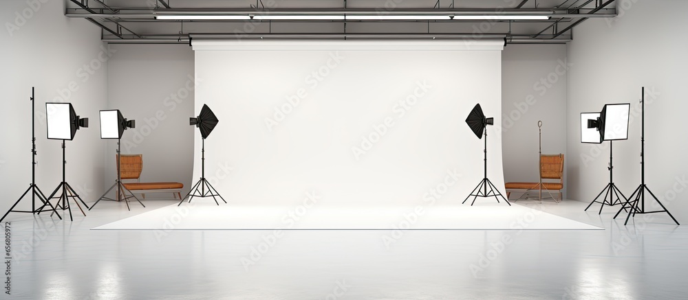 Empty photo studio with white screen and lighting equipment - obrazy, fototapety, plakaty 