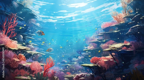 A school of tropical fish swimming in a vibrant coral reef, their scales glimmering in the sunlight