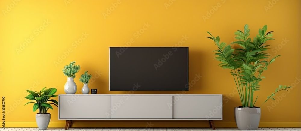 Modern living room with TV on cabinet table lamp flower plant yellow wall background Modern living room with TV on cabinet table lamp flower plant yellow wall background
