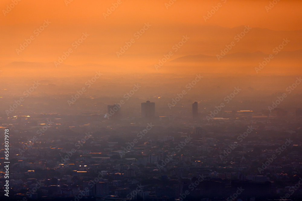 landscape of chiang mai city form DOI SUTHEP mountain at morning with sea of mist at sunrise 