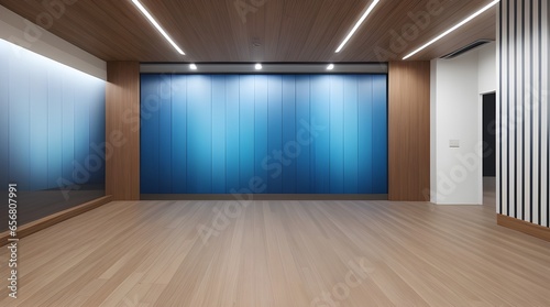 Beautiful versatile backdrop for design and product presentation with blue wall  light reflections and wooden floor. Generate with AI