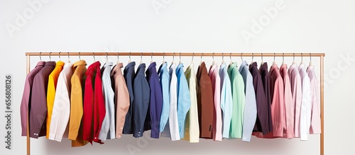 Dry cleaners have clean items on the rack photo