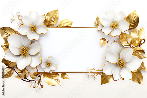 a golden flower wooden frame for photo, white background 