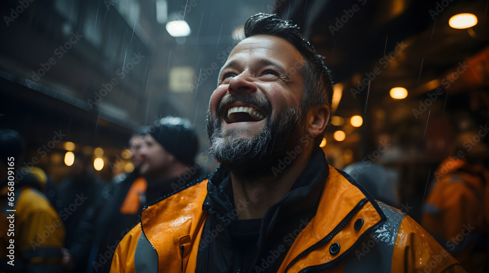 roadworker looking up and smiling in light rain