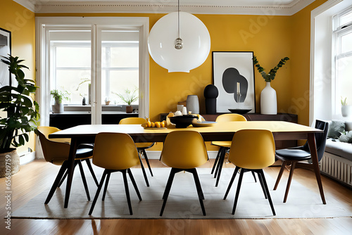 Classic scandinavian yellow matte dining room with mid century modern wood and leather chairs. Side view