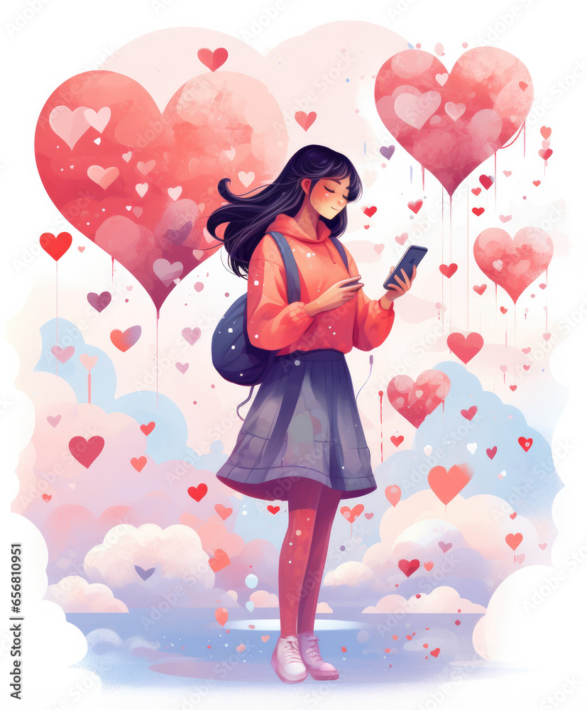 Woman Engaging with Social Media App - A Romantic Illustration with Indonesian Art Influences, High-Resolution, Cute and Dreamy.