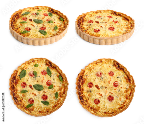 Different tasty quiches isolated on white, collage with side and top views