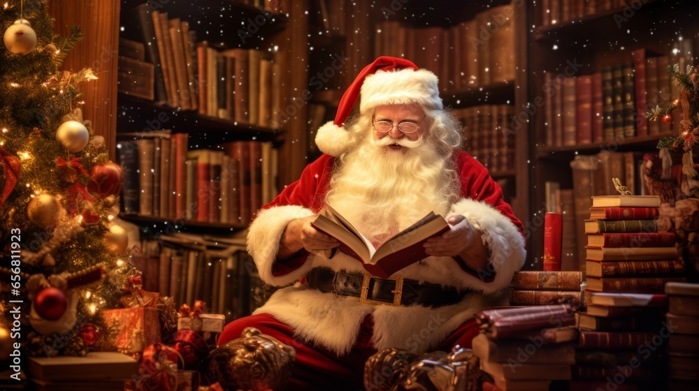Santa Claus in the library reading a book Santa Claus in the library reading a book