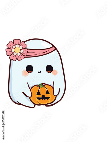 a cute ghost ilustration holding a pumpkin