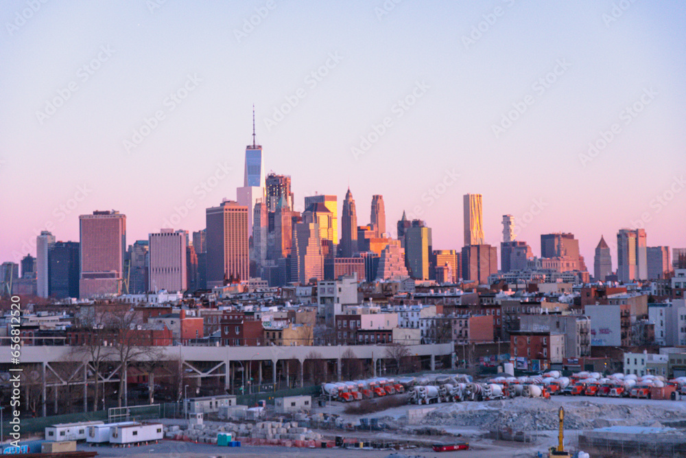Early morning view of New York City skyline from A subway platform in Brooklyn
