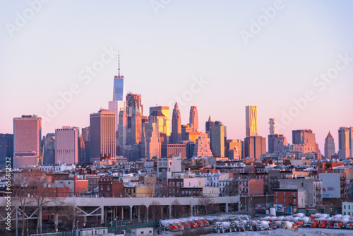 Early morning view of New York City skyline from the subway platform in Brooklyn
