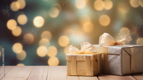 gift boxes on wooden table. Christmas and new year background with blur festive bokeh lighting