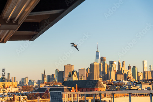 A seagull flies above the subway tracks in front of a golden hour view of the Manhattan skyline as seen from a subway platform in Brooklyn photo