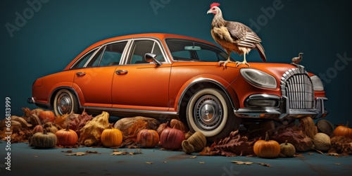 Thanksgiving A car on Pumpkins with a Turkey on the hood photo