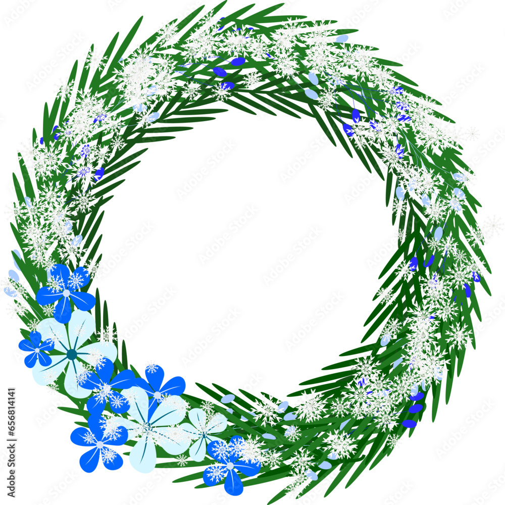 Fototapeta premium Winter Frame. Flowers Bouquet. Snowflake Wreath.