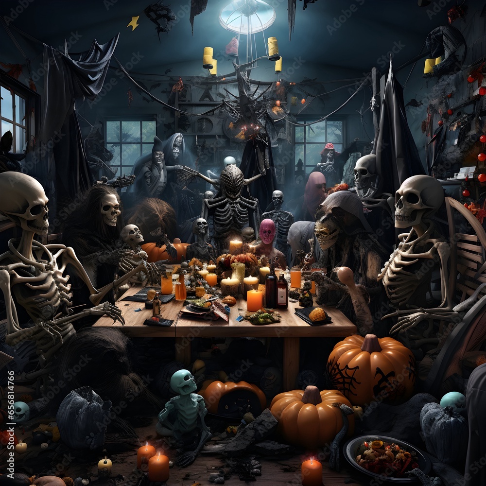 spooky halloween party with skeletons and pumpkins