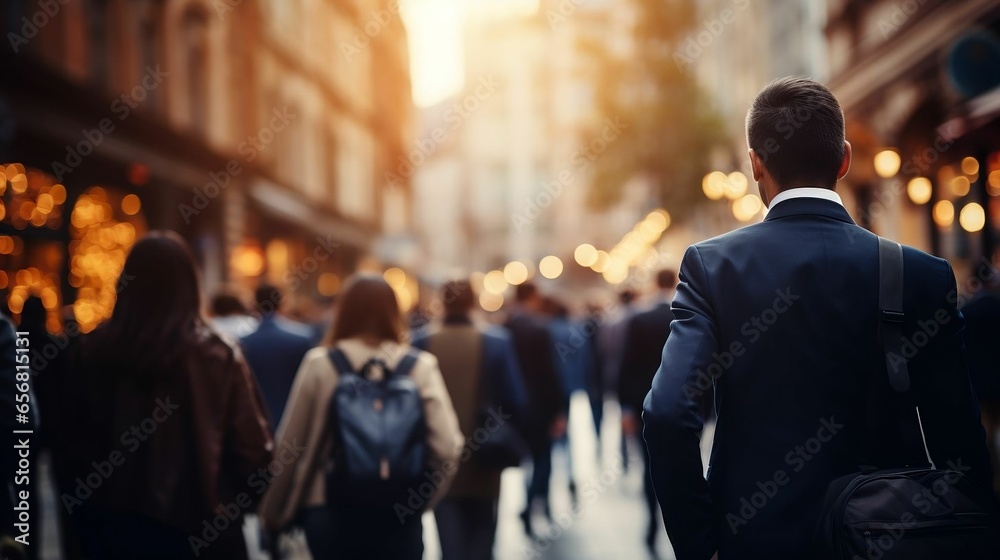 A bustling city street filled with professionals in business attire