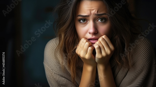 Sad depressed desperate grieving crying woman with folded hands and tears eyes during trouble, life difficulties, depression, addictions and mental emotional problems photo