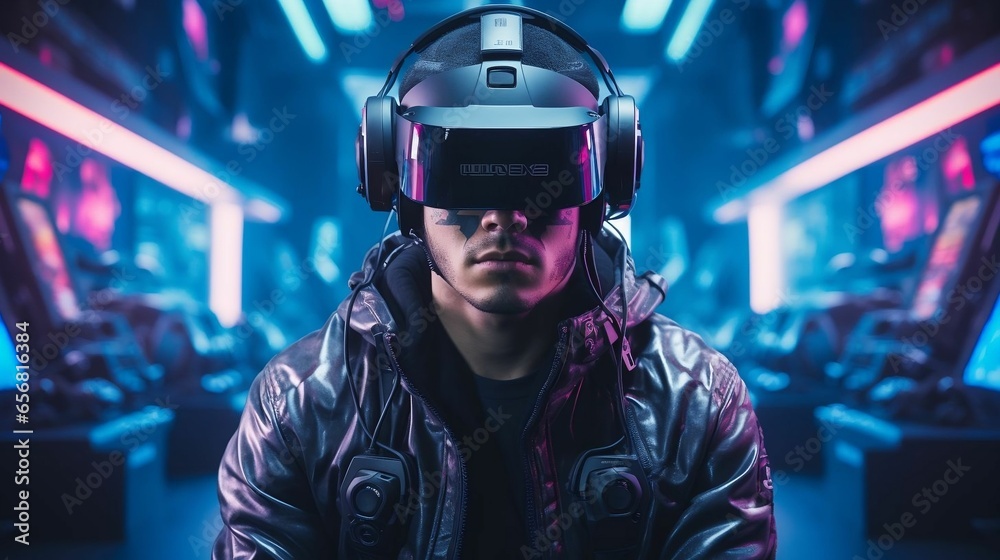 A gamer immersed in a virtual reality world with futuristic headgear
A gamer immersed in a virtual reality world with futuristic headgear