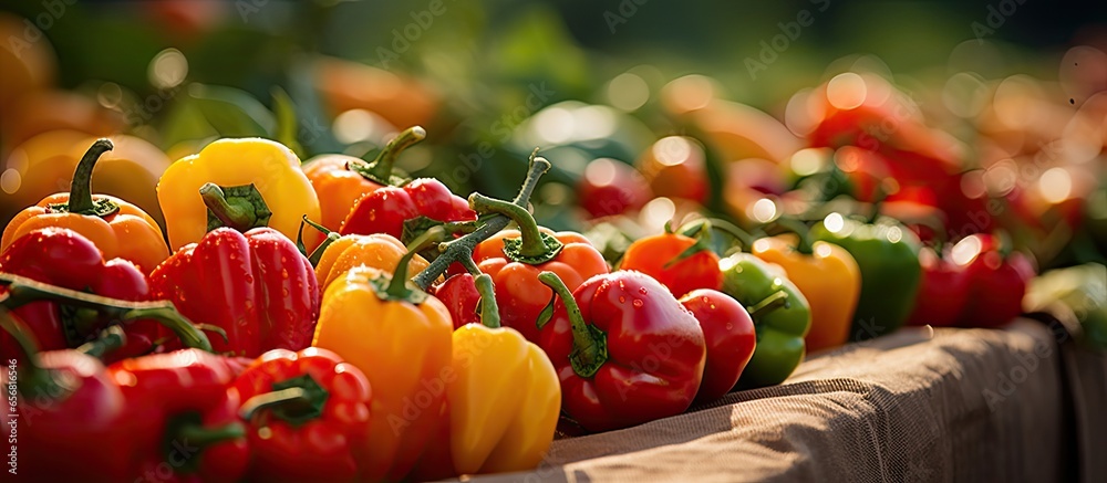 Farmers market displays cherry tomatoes and peppers