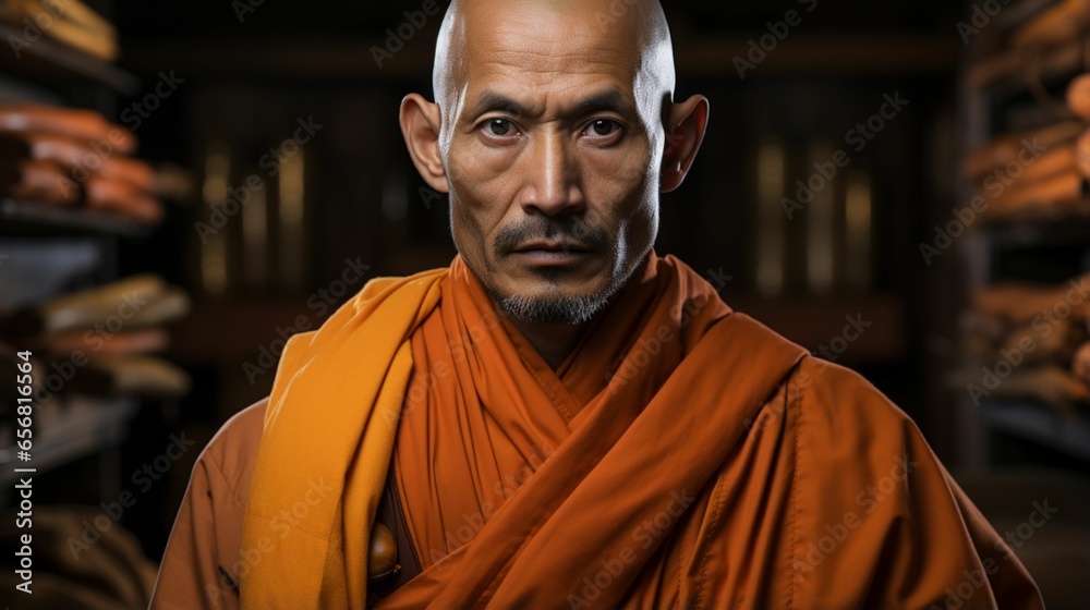 Meditative Presence: A Buddhist Monk, Clad in Traditional Monastic Robes, Wears a Solemn Expression as He Faces the Camera, Framed by the Timeless Elegance of a Brown Wooden Window Background Meditative Presence: A Buddhist Monk, Clad in Traditional Monastic Robes, Wears a Solemn Expression as He Faces the Camera, Framed by the Timeless Elegance of a Brown Wooden Window Background