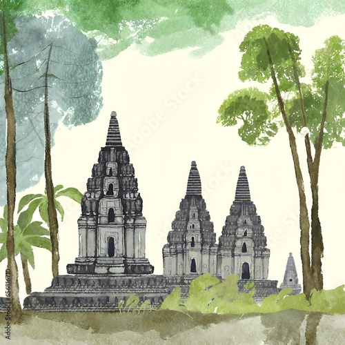 Prambanan Temple in Indonesia realistic watercolor painting 