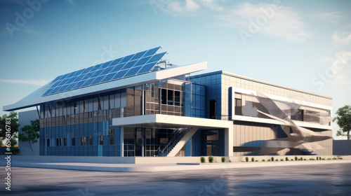 Modern blue RND building with roof mounted solar system