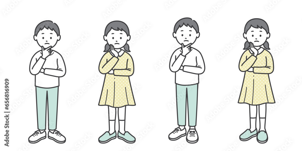 顔に手を当てて悩む少年少女 顔に手を当てて悩む少年少女