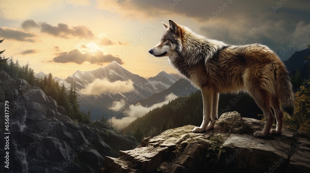 Fototapeta premium A captivating composition showcasing a lone wolf traversing a rugged wilderness landscape, background image, AI generated