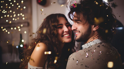 Cheerful young couple having fun celebrating new year's eve at home