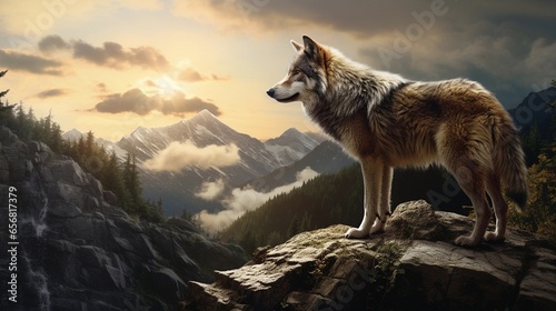 A captivating composition showcasing a lone wolf traversing a rugged wilderness landscape  background image  AI generated