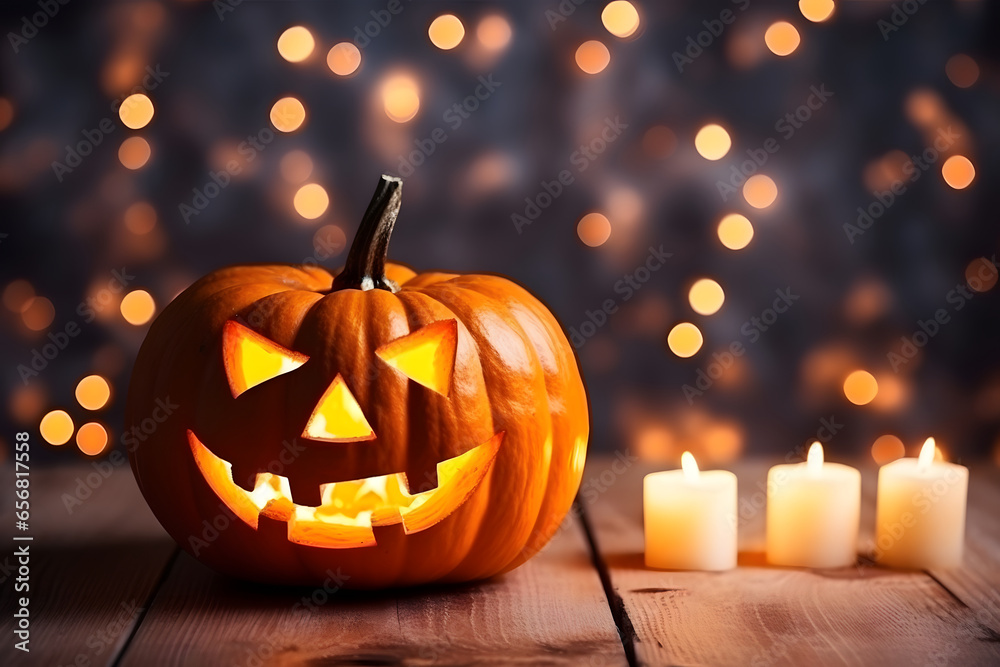 Fototapeta premium Halloween pumpkin with burning candle decoration on wooden table and blurry background, space for copy