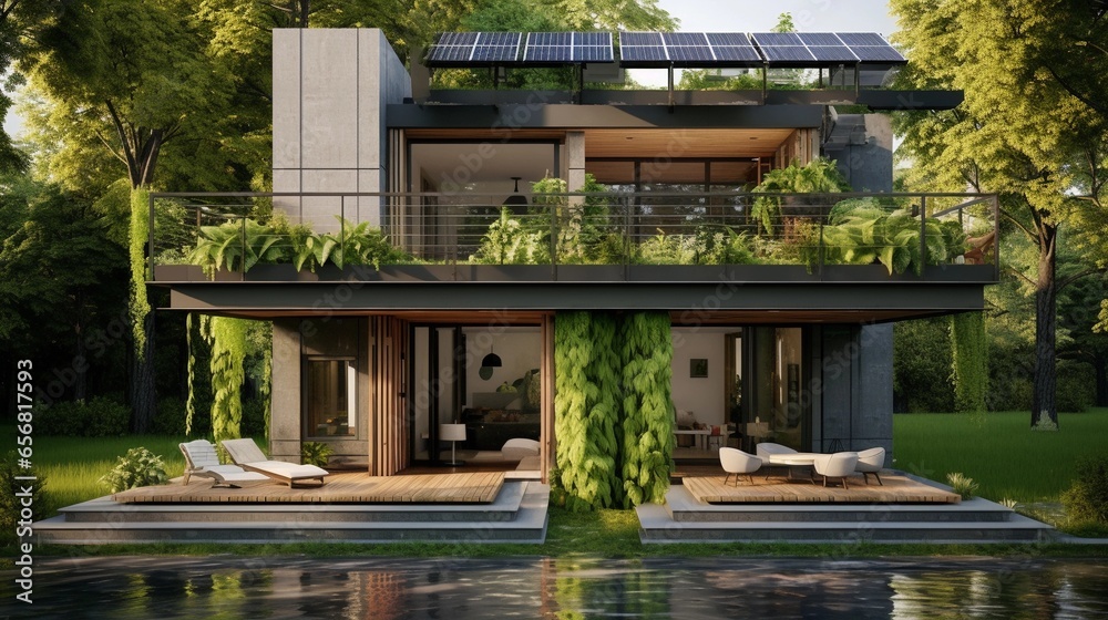 An artistic representation of a modern house designed with sustainable and eco-friendly features, set against a lush green backdrop, AI generated