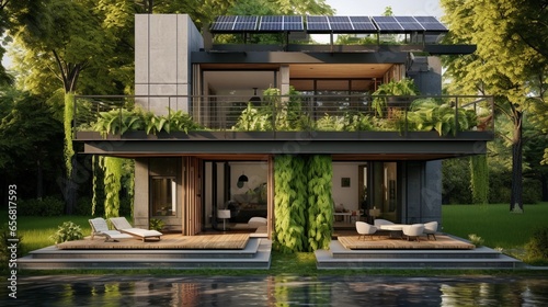 An artistic representation of a modern house designed with sustainable and eco-friendly features, set against a lush green backdrop, AI generated © Hifzhan Graphics