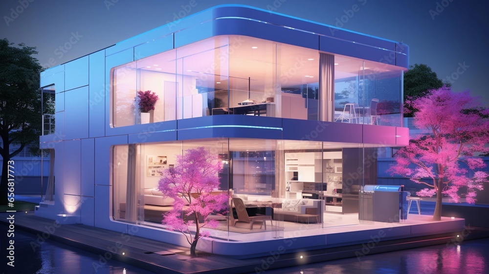 An image featuring a high-tech modern house in an urban environment, with smart technology integrated into its design, allowing space for text, background image, AI generated An image featuring a high-tech modern house in an urban environment, with smart technology integrated into its design, allowing space for text, background image, AI generated