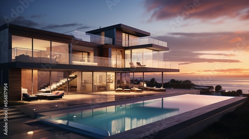 An image of a modern house designed as a seaside retreat, with panoramic ocean views, background image, AI generated