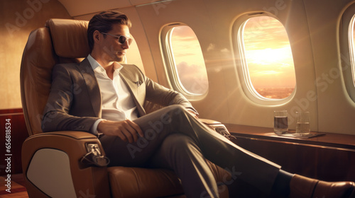 Successful and handsome Asian businessman in formal business suit is on his private jet, looking out the window, taking a flight for his business trip. photo