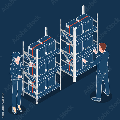 Male and Female warehouse worker using bar code scanner to analyze newly arrived goods. Vector illustration eps10