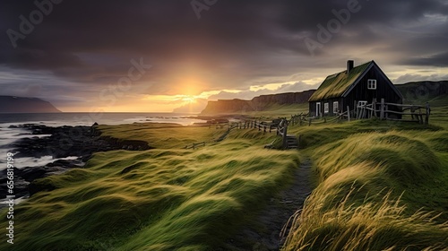 the old wooden houses have grass roofed over hills and the ocean
