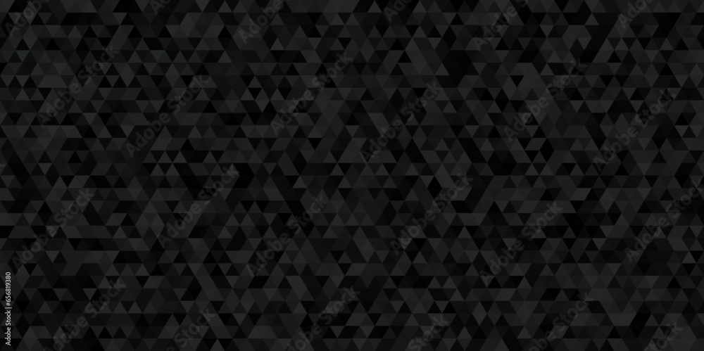 Black triangular mosaic pattern. Abstract geometric polygonal background. Abstract dark background of small triangles in shades of black and gray colors. - obrazy, fototapety, plakaty 