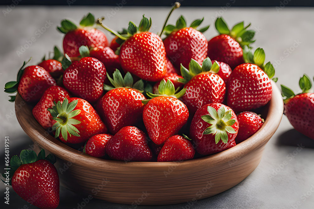 Heap of fresh strawberries in bowl on rustic wooden background. Heap of fresh strawberries in bowl on rustic wooden background.