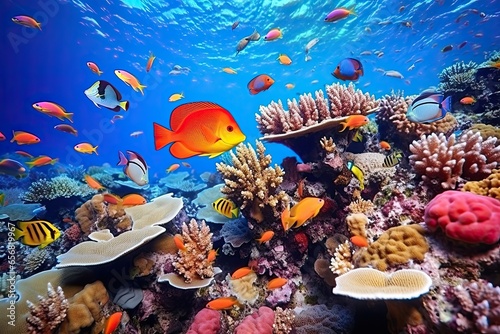 Colourful fish swimming in underwater coral reef